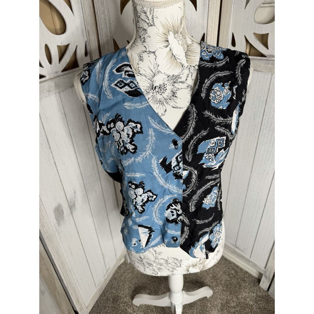 Vintage Cowgirl Button Vest Desert West Southwest Floral Blue Black USA Medium